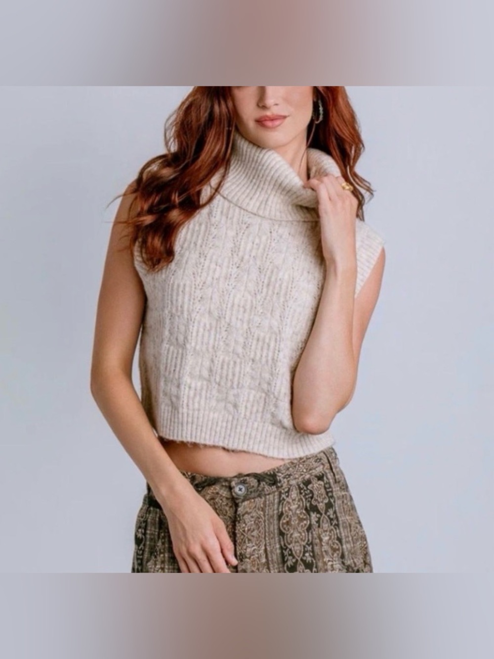 Kerisma Cropped Sleeveless Cable Turtleneck Sweater - Cream